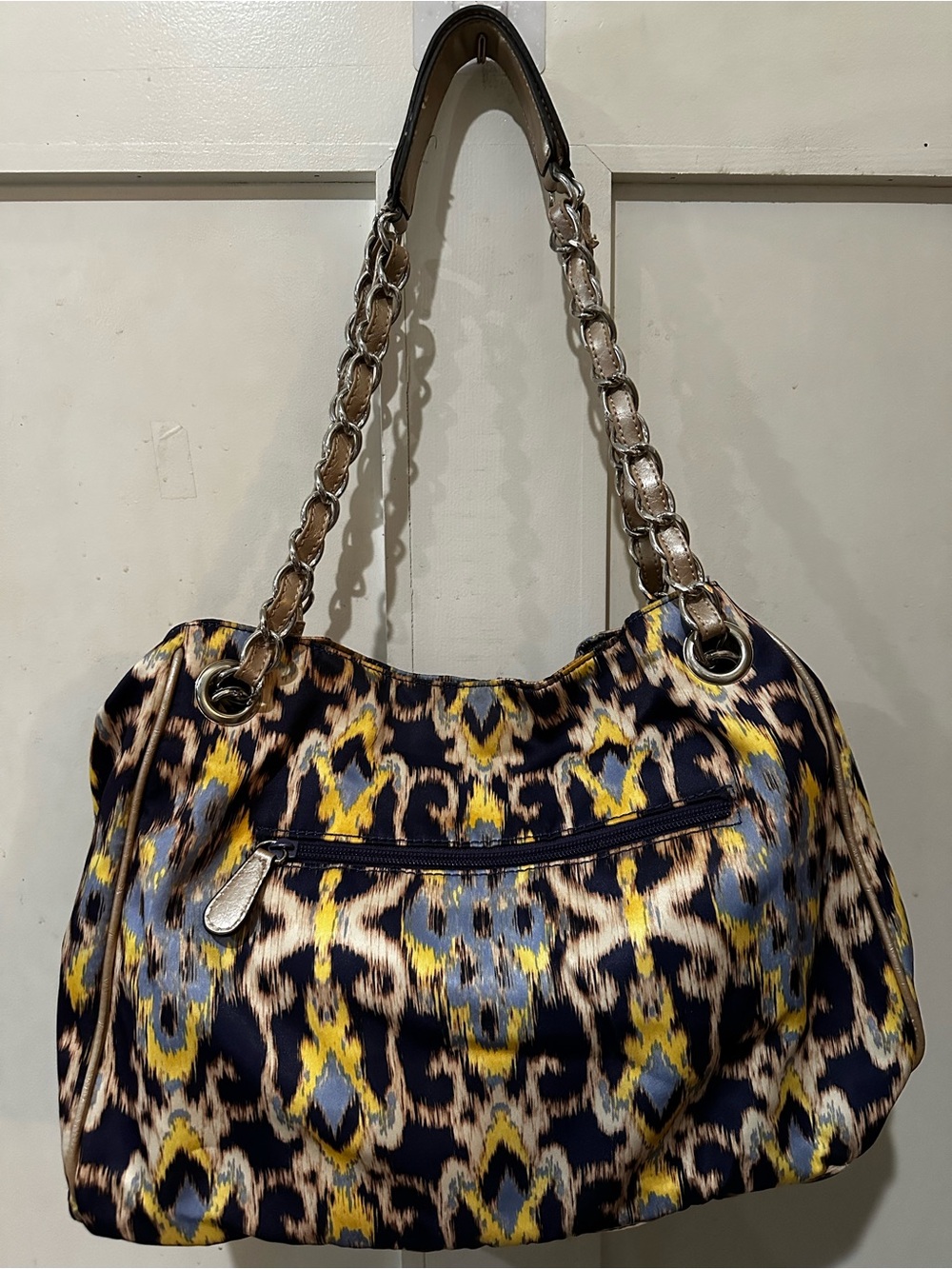Leopard Print Shoulder Bag with Chain-Strap Handle - Navy, Yellow, Gray